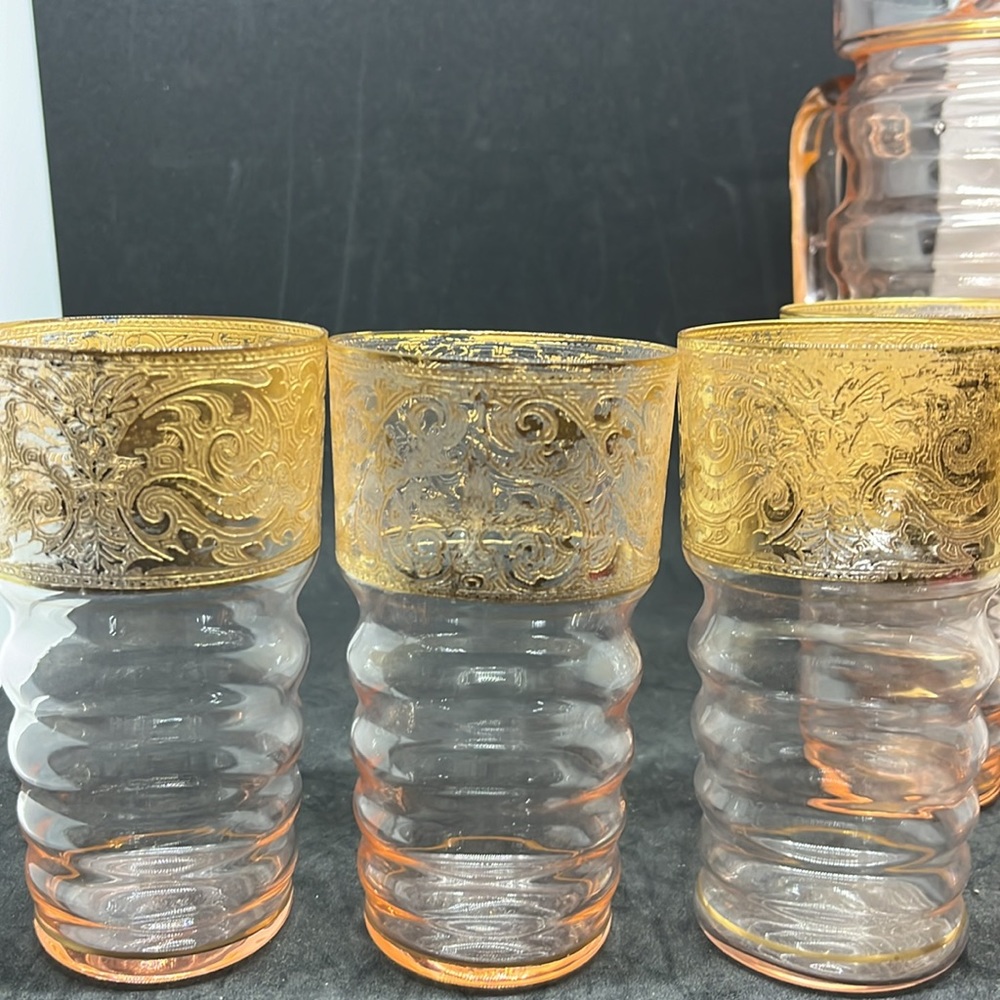 Art Deco Dunbar Flint Pink /G Depression Lemonade Pitcher 1920's with 6 glasses - Picture 3 of 14